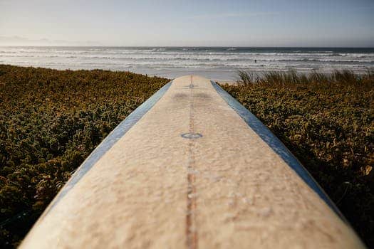 Perspective view of white surfboard with blue edges placed on grassy coast against rippling sea and blue sky on seaside