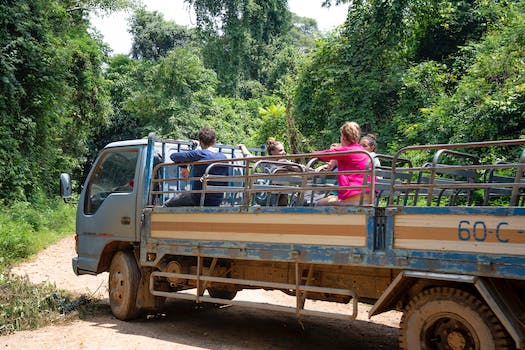 Travelers sitting in truck driving on dusty road in lush forest while exploring nature during vacation
