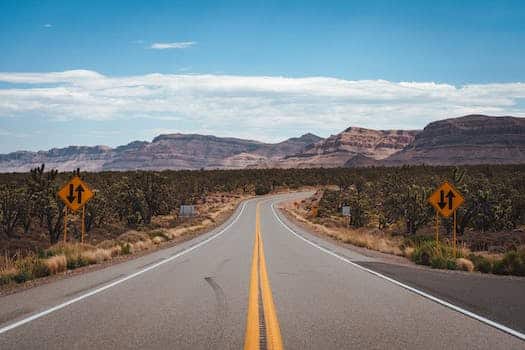 Empty asphalt road going through cactus fields towards rocky mountains against cloudy blue sky in United States of America