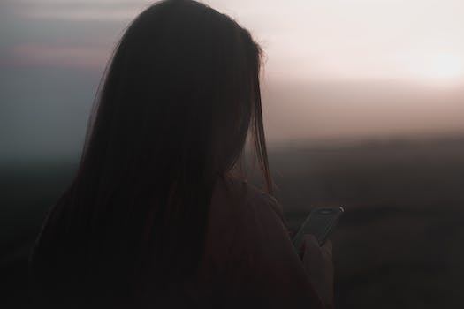 Anonymous woman browsing smartphone at sunset